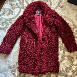 Burgundy Textured Faux Fur Coat Statement Outerwear
